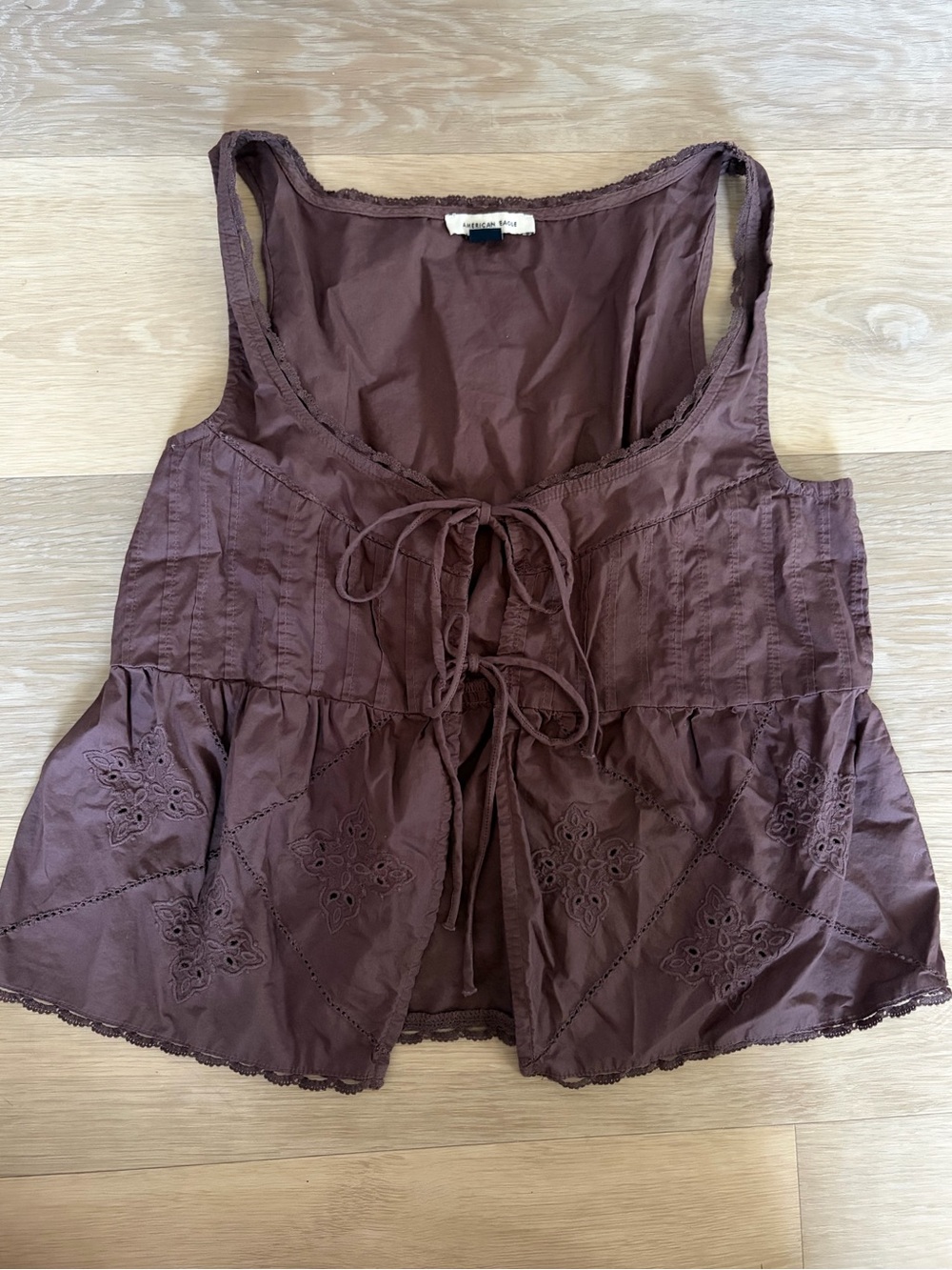 American Eagle Brown Tie Front Embroidered Peplum Top